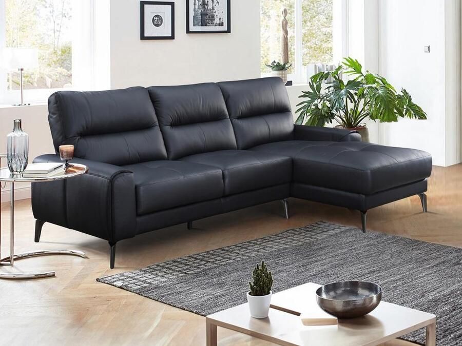 Vente-unique Zitbank met hoek rechts in zwart buffelleer VALDANA L 258.5 cm x H 96 cm x D 159 cm