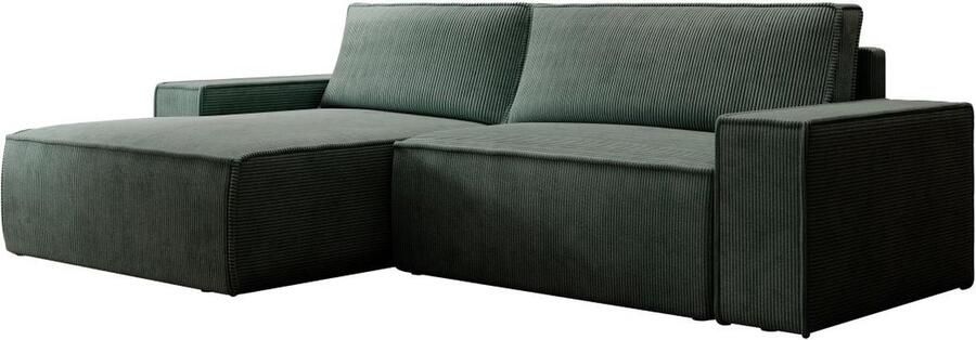 Vente-unique Zitbank met linkse hoek in dennengroen ribfluweel AMELIA L 267 cm x H 85 cm x D 160 cm