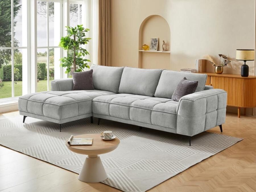 Vente-unique Zitbank met linkse hoek in lichtgrijze textuurstof KIPAMBA L 292 cm x H 88 cm x D 172 cm