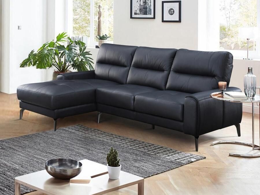 Vente-unique Zitbank met linkse hoek in zwart buffelleer VALDANA L 258.5 cm x H 96 cm x D 159 cm