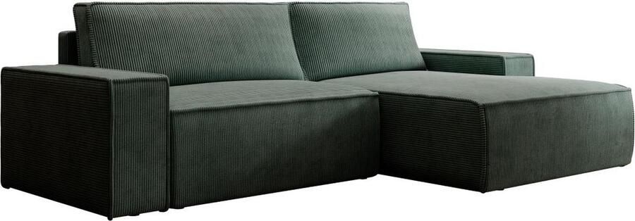 Vente-unique Zitbank met rechtse hoek in dennengroen ribfluweel AMELIA L 267 cm x H 85 cm x D 160 cm