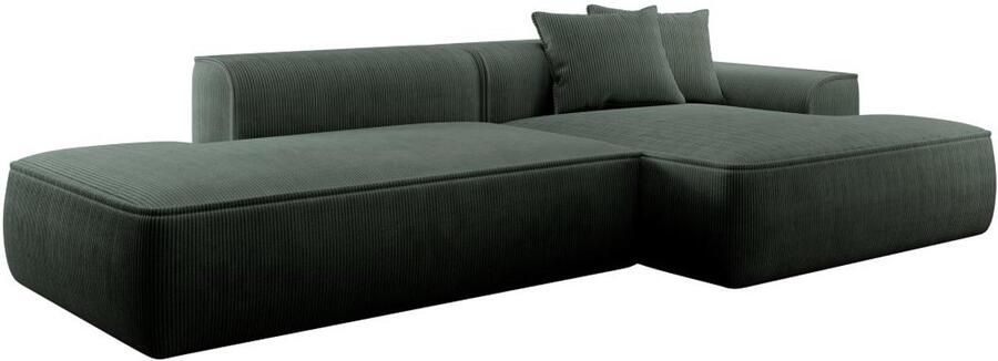 Vente-unique Zitbank met rechtse hoek in dennengroen ribfluweel ERYNEL L 305 cm x H 70 cm x D 156 cm