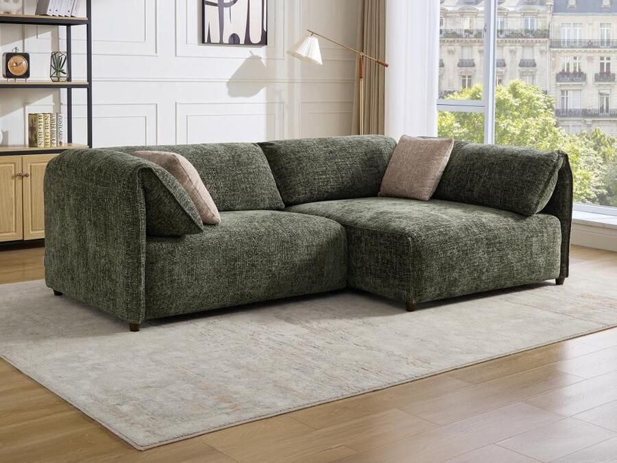 Vente-unique Zitbank met rechtse hoek in groene textuurstof LOUSOPA van Maison Céphy L 250 cm x H 75 cm x D 141 cm - Foto 2