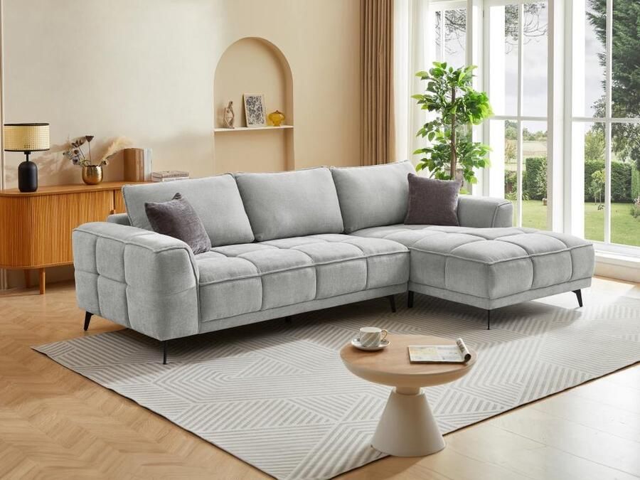 Vente-unique Zitbank met rechtse hoek in lichtgrijze textuurstof KIPAMBA L 292 cm x H 88 cm x D 172 cm