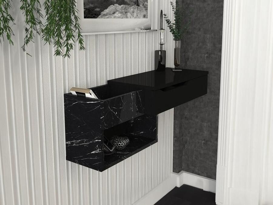 Vente-unique Zwevende sidetable met 1 lade en 2 nissen Zwarte marmerlook DAREKA L 90 cm x H 33.2 cm x D 29.6 cm - Foto 4