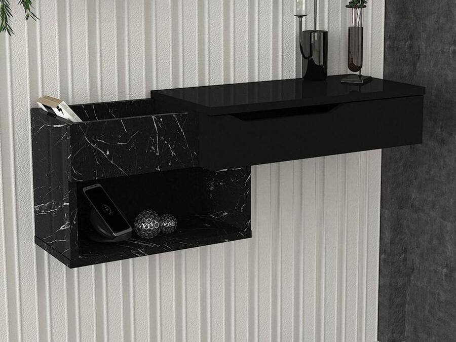 Vente-unique Zwevende sidetable met 1 lade en 2 nissen Zwarte marmerlook DAREKA L 90 cm x H 33.2 cm x D 29.6 cm - Foto 2