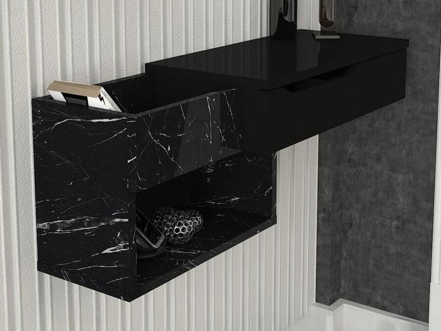 Vente-unique Zwevende sidetable met 1 lade en 2 nissen Zwarte marmerlook DAREKA L 90 cm x H 33.2 cm x D 29.6 cm