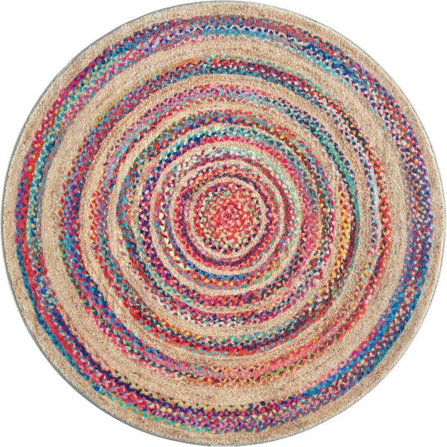 Vercai Rugs Brady Collectie Hoogpolig Rond Vloerkleed Zacht Tapijt voor Woonkamer Polyester Multi Beige 150x150 cm