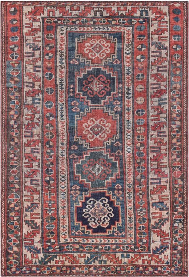 Vercai Rugs Fenix Collectie Laagpolig Vloerkleed Modern Tapijt met Vintage Ontwerp Chenille Rood Blauw 120x180 cm