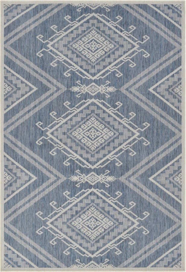 Vercai Rugs Terrace Collectie Laagpolig Vloerkleed Tapijt voor Binnen en Buiten Polypropyleen Blauw Ivoor 80x250 cm