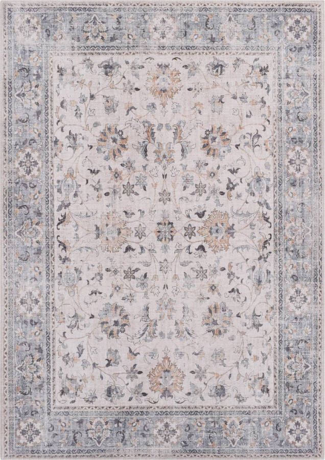 Vercai Rugs Fenix Collectie Laagpolig Vloerkleed Modern Tapijt met Vintage Ontwerp Chenille Crème Blauw 80x150 cm