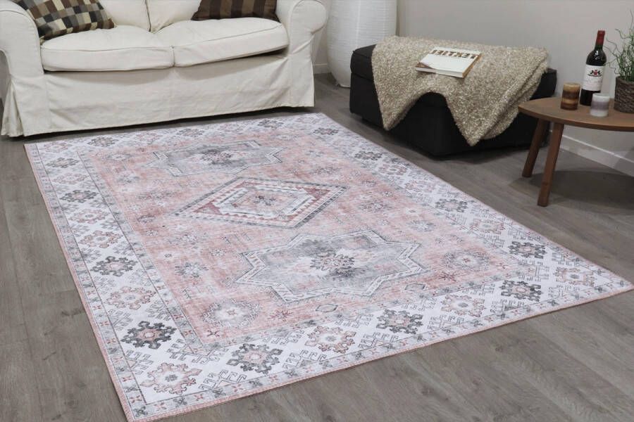 Vercai Rugs Fenix Collectie Laagpolig Vloerkleed Modern Tapijt met Vintage Ontwerp Chenille Blush 80x150 cm