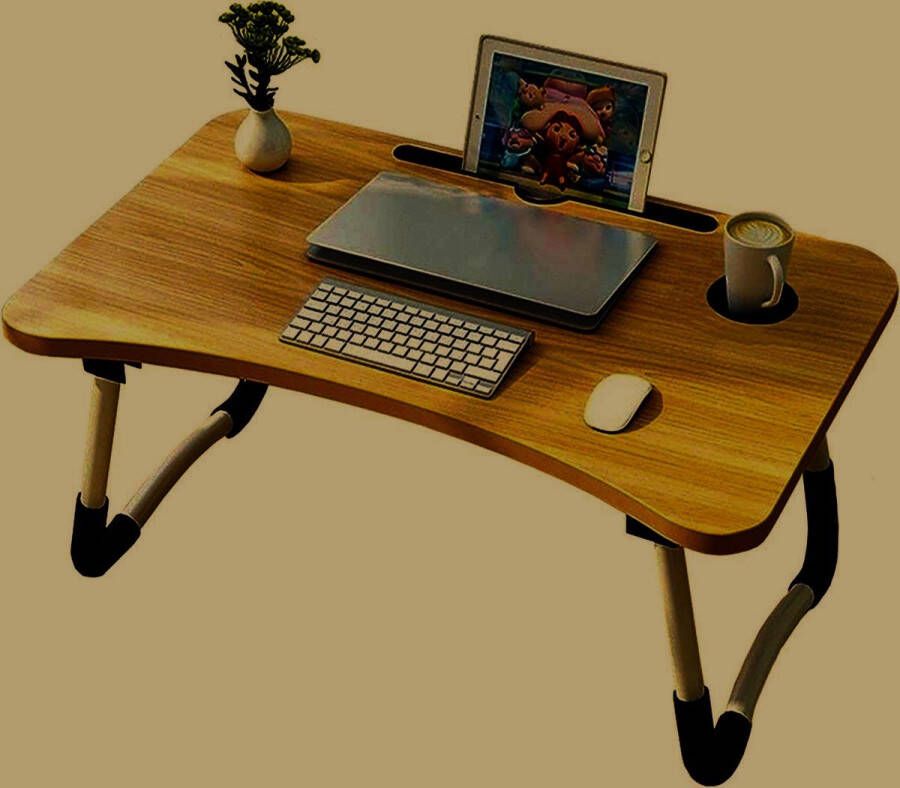 VERK GROUP Opklapbare laptoptafel voor bedstandaard- laptop bureau- Laptoptafel grote draagbare opklapbare bedtafel Computer| laptop bureaustandaard met bekerhouder- telefoon houder Bed Ontbijttafel!- Kleur Donkerbruin