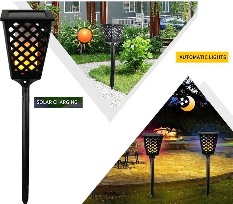 VERK GROUP – Tuinverlichting op zonne-energie – Solar Tuinlantaarn – Set van 2 – Flame Lamp Met Grondspies – Solar Led Verlichting – Buitenverlichting – Schemersensor Tuinfakkel