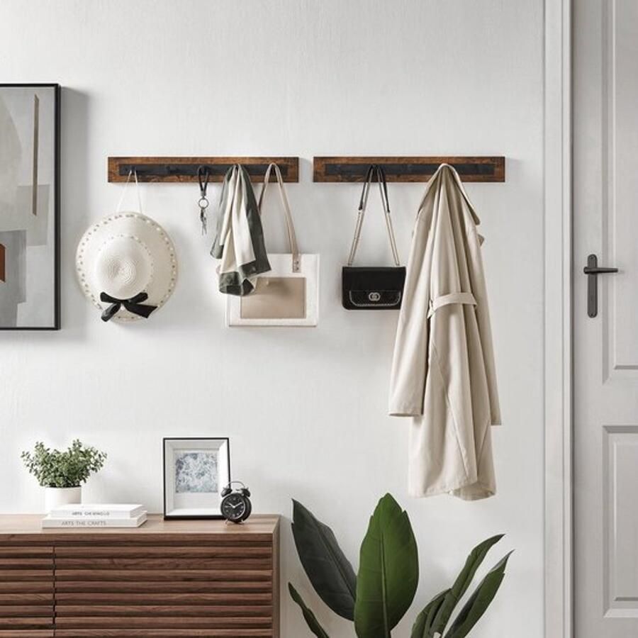 Vevilon -Deur ophang kapstok met 10 ophanghaken knoppen zwart beige metaal hout-Kapstokken Kapstok met Haken voor Kledinghangers Industrieel Honingbruin met Zwarte Haken -44 x 7 5 x 14 cm 10 Haken