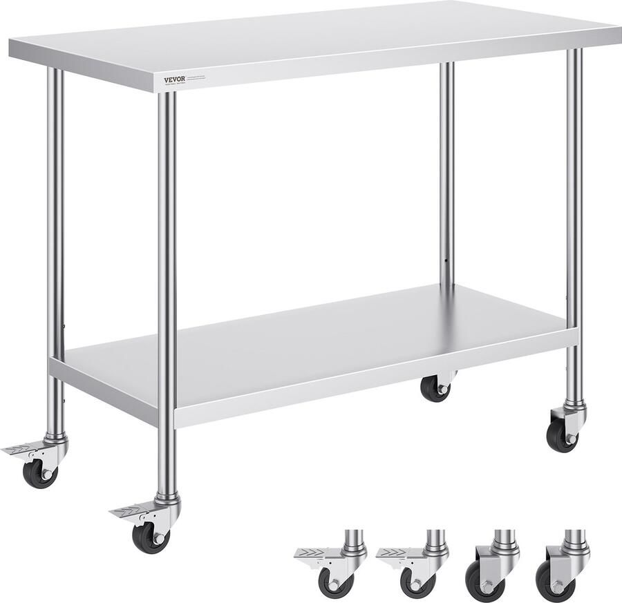 Vevor 1219 x 610 x 954.6 mm RVS Werktafel Zilver Voorzien van 4 Zwenkwielen Waarvan 2 met Rem
