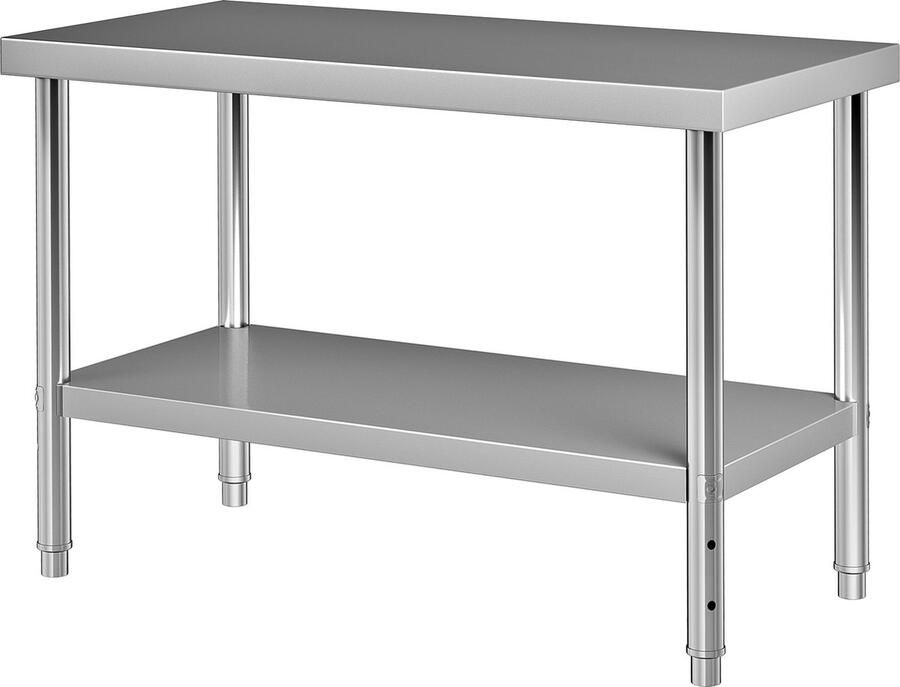 Vevor 1220 x 760 x 860 mm Commerciële Roestvrijstalen Tafel Roestvrijstalen Tweelaagse Werktafel Snijtafel 150 kg + 100 kg Draagvermogen Commerciële Keukentafel in Hoogte Verstelbare Voorbereidingstafel