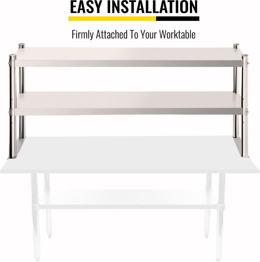 Vevor 1520 x 300 x 600 Roestvrijstalen Plank met Dubbele Bovenkant 2 Niveaus voor Voorbereidingstafel