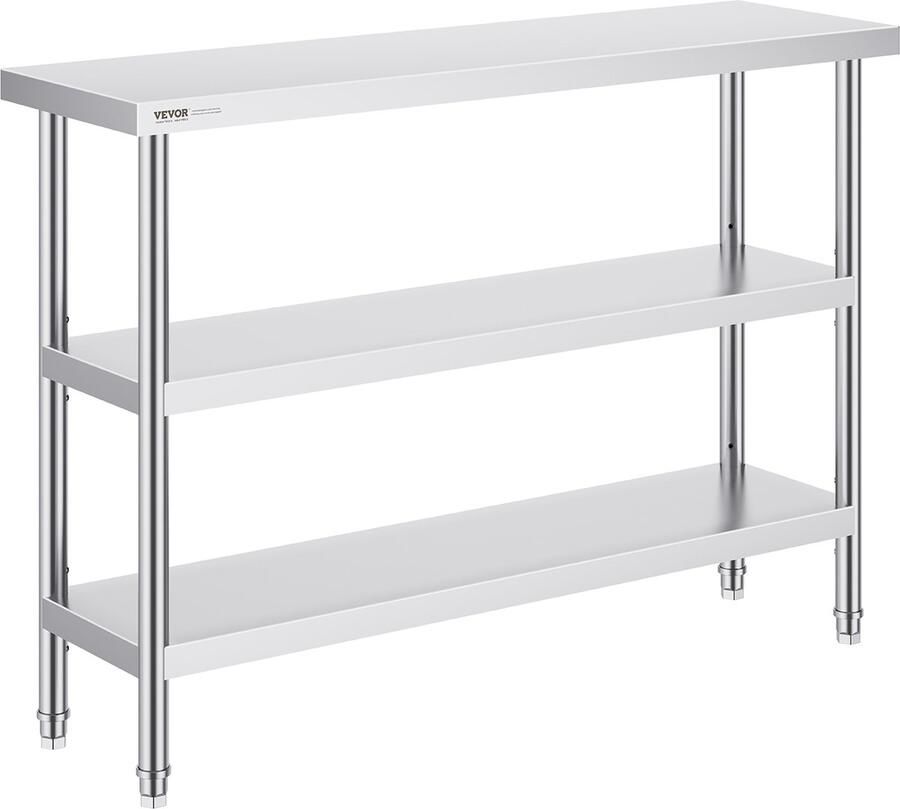 Vevor 35.6 x 121.9 x 86.4 cm Roestvrijstalen Voedselbereidingstafel Het Ontwerp met 3 Niveaus Biedt Voldoende Opslagruimte Het Biedt Uitstekende Roestbestendigheid