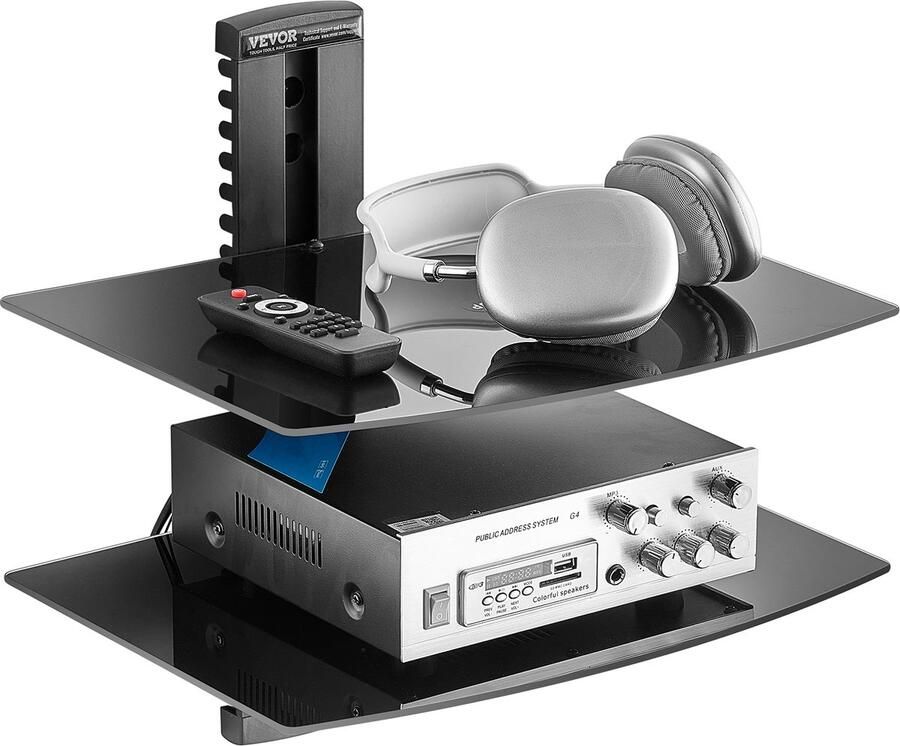 Vevor 38 x 30 x 40 cm Wandmontage AV Mediastandaard Verstelbare Projectorplank 2-Laags Zwart Gewichtscapaciteit 8 kg Materialen Aluminiumlegering Ijzer Gehard Glas