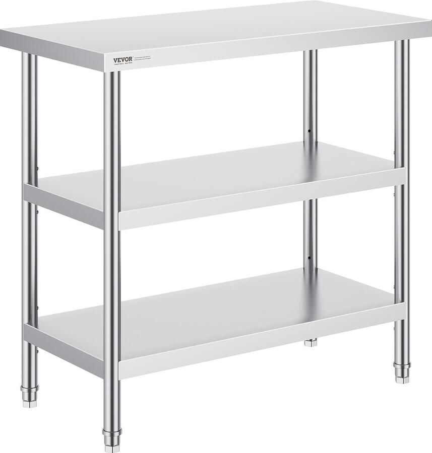 Vevor 45.7 x 91.4 x 86.4 cm Roestvrijstalen Voedselbereidingstafel Keukenwerktafel Het Ontwerp met 3 Niveaus Biedt Voldoende Opslagruimte Het Biedt Uitstekende Roestbestendigheid