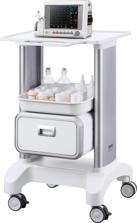 Vevor 46.5 x 46.5 x 74.5 cm 2-laags Laboratoriumwagen 1 Verbrede Bovenste Plank ABS Lade Draagvermogen 50 kg 4 PA6-Zwenkwielen 2 met Rem voor Laboratorium Ziekenhuis Tandartspraktijk Salon