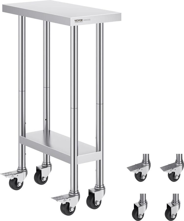 Vevor 61 x 30.5 x 95.66 cm RVS Werktafel Voorzien van 4 Zwenkwielen Waarvan 2 met Rem Commerciële Voorbereidingstafel