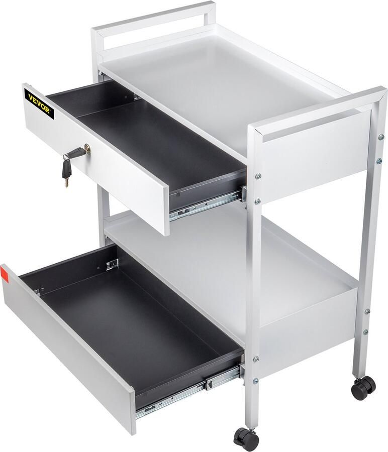 Vevor 62.7 x 35.3 x 79 cm Tandtechnisch Laboratorium Trolley 2 Lagen 220 lbs Laadvermogen met 4 360° Draaibare Wielen 2 Afsluitbare Lades 2 Planken voor Schoonheidssalon Kar Medisch Kapper Wit
