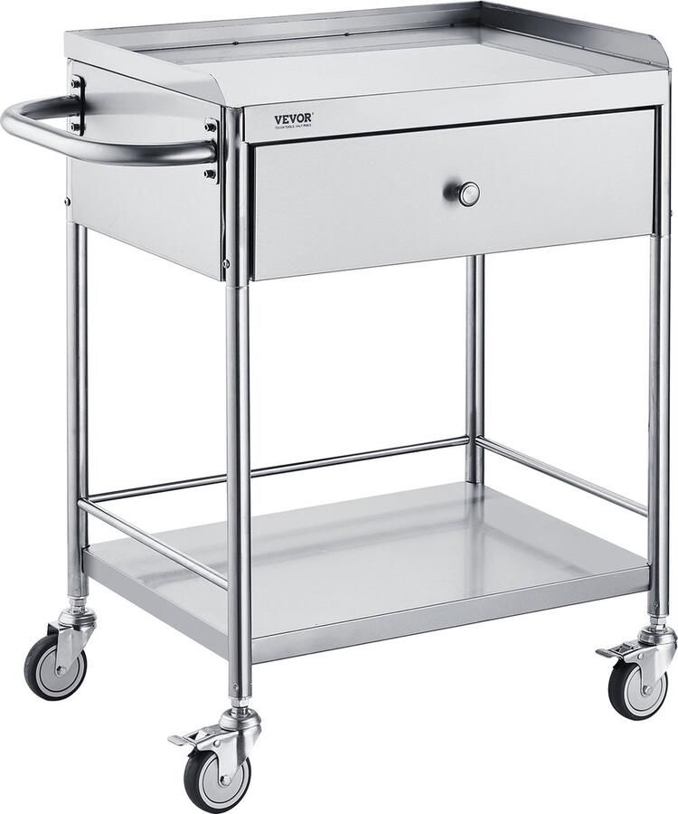 Vevor 71 x 42.1 x 78.5 cm Laboratoriumwagen Roestvrij Staal 201 met Laden Draagvermogen 100 kg met Handgreep Vier TPR-Zwenkwielen 360° Zwenk voor Laboratorium Ziekenhuis Tandartspraktijk Salon