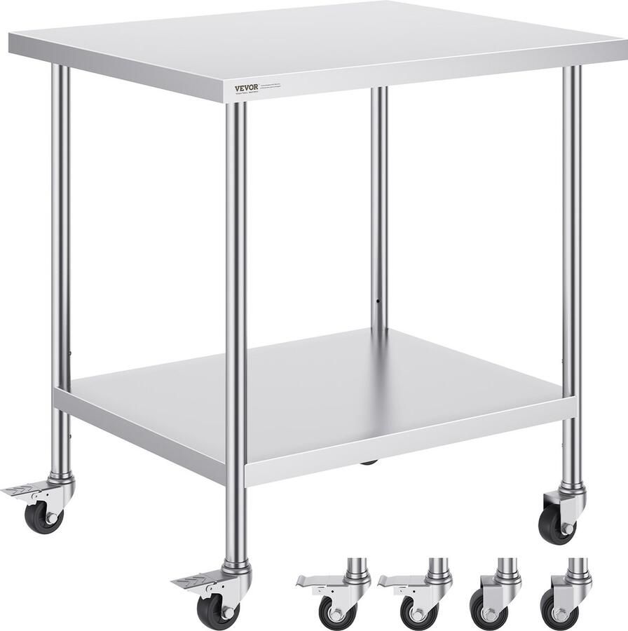 Vevor 914 x 762 x 954.6 mm Roestvrijstalen Voorzien van 4 Zwenkwielen Waarvan 2 met Rem Voorbereidingstafel Oprolbare Commerciële Keukentafel