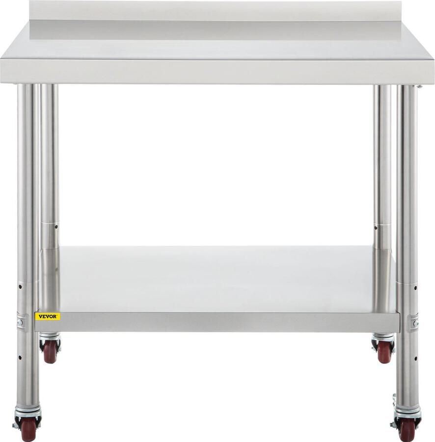 Vevor 910 x 610 x 890 mm Werktafel Keuken 440lbs Heavy-duty Metalen Horeca Werktafel Voedselbereiding Keukentafel met Backsplash Verstelbare Onderplank 4 Zwenkwielen voor Restaurant