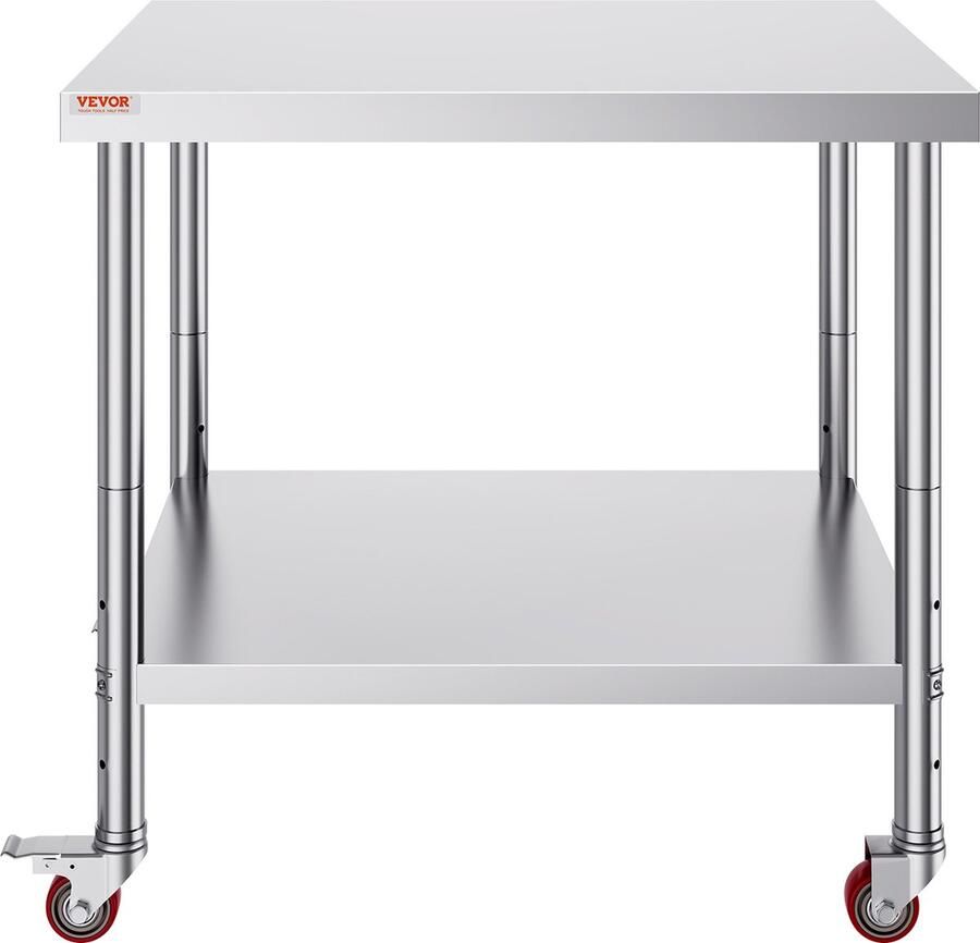 Vevor 910 x 760 x 806 mm Keukentafel Roestvrij Stalen Werktafel Zilver Voedselbereiding Keukentafel met Backsplash Verstelbare Onderplank 4 Zwenkwielen voor Restaurant