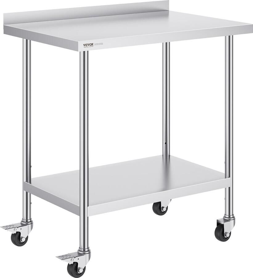 Vevor 914 x 610 x 1005.6 mm Roestvrijstalen Werktafel Voorzien van 4 Zwenkwielen Waarvan 2 met Rem Voedselbereidingstafel Commercieel Het Biedt Uitstekende Roestbestendigheid