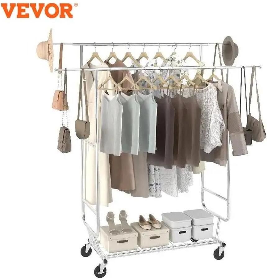 Vevor Clixify Kledingrek Metaal 275kg capaciteit Kledingrek op Wieltjes met 2x Rek Kledingrek slaapkamer Kledingrekken kledingrek op wieltjes verstelbaar Kledingstang Verstelbare kledingstang Kledingrekken metaal Garderoberek met