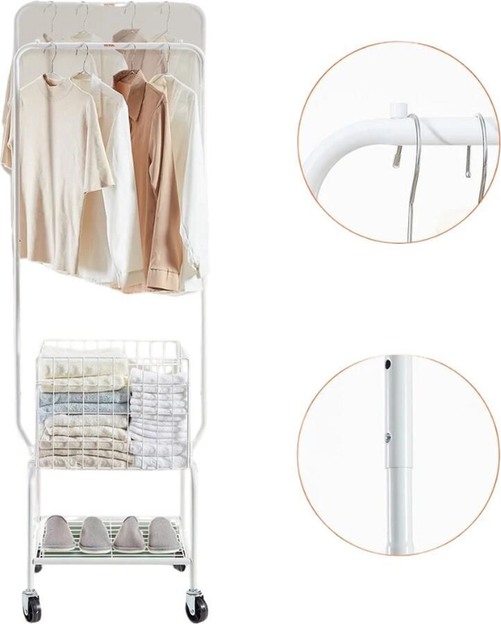 Vevor Clixify Kledingrek Metaal 50kg capaciteit Kledingrek op Wieltjes met Mand & Rek Kledingrek slaapkamer Kledingrekken kledingrek op wieltjes verstelbaar Kledingstang Verstelbare kledingstang Kledingrekken metaal Garderoberek metaal