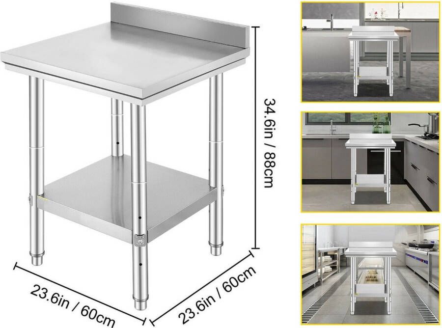 Vevor Clixify RVS Werktafel 60X60X88cm Keukentafel Trolley Met Verstelbare Voeten Commercieel Thuis Hotel Restaurant Zware Keuken Bereidingstafel Werktafel 60X60X88cm