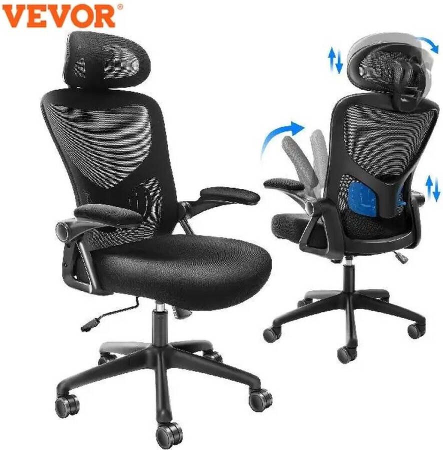 Vevor Nueva Vida Gamestoel Bureaustoel Ergonomisch 9 CM Dikke Zitting Ademende Stof Schommel Rugleuning Hoofdsteun Verstelbaar In Hoogte Verstelbaar Zwart