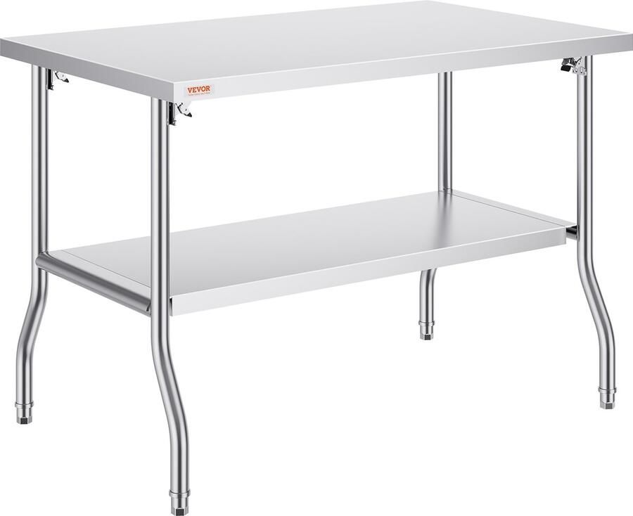 Vevor Roestvrijstalen Keukentafel Met Inklapbare Poten 122 X 76 X 85 Cm Commercieel Werkkeukenmeubilair Belastbaar 250kg + 100kg Voor Thuis Wasruimte Garage Zilver