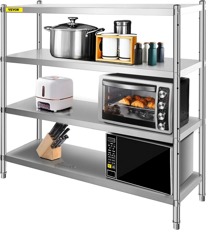 Vevor Roestvrijstalen Plank met 4 Niveaus (1800 x 450 x 1500 mm) Grote Laadvermogen Verstelbaar Niveau Moeiteloze Montage Geschikt voor Keuken en Garage