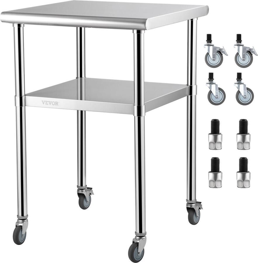 Vevor roestvrijstalen tafel met 4 universele wielen verstelbaar onderblad 61 x 61 x 91 4 cm stabiliteit werktafel voor zwaar gebruik belastbaar tot 181 4 kg voor keuken garage achtertuin tuin-Zilver