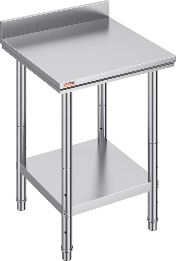 Vevor Roestvrijstalen Tafel Met Verstelbare Basis en Poten 60 X 60 X 88cm Stabiele Werktafel Belastbaar tot 100kg+50kg- Voor Bar Restaurant Hotel Buffet Catered Event Schoolfeest Zilver