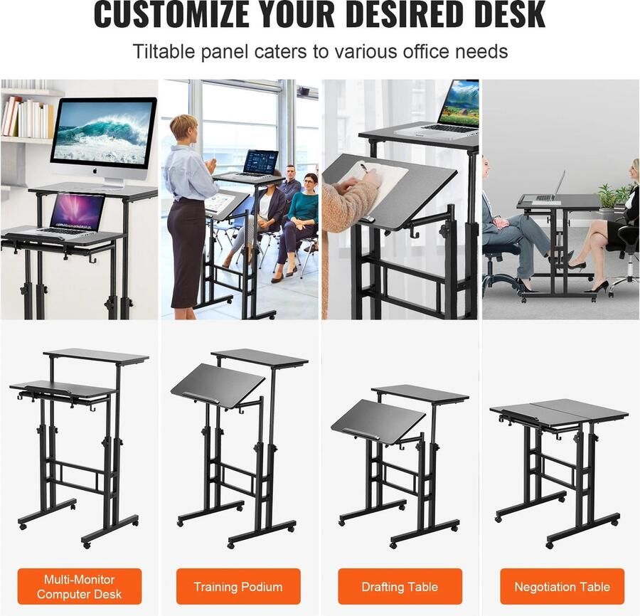 Vevor Shoppee Zit Sta Bureau Verstelbaar bureau 26.4 -44.9 Gasveer In Hoogte Verstelbare Sit-Stand Bureau Met 360 ° Draaibare Wielen Home Office Rolling Laptop Tafel Kantelbaar