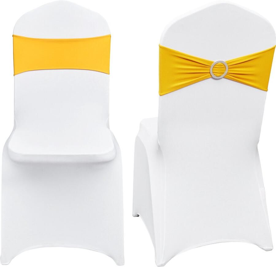 Vevor Stretch Stoelhoes Met Stoel Sjerpen -50Sets Stoelhoezen Met Ronde Gesp Elastische Stoelriemen Voor Bruiloften Feestdagen Feesten Dineren Goud En Wit