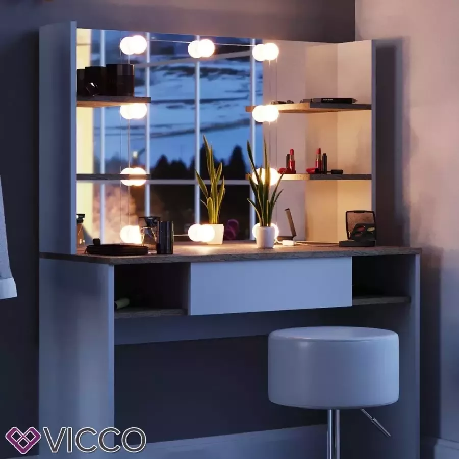 Vicco Make-uptafel Daenerys wit sonoma kaptafel commode kaptafel spiegel (+kruk & LED)