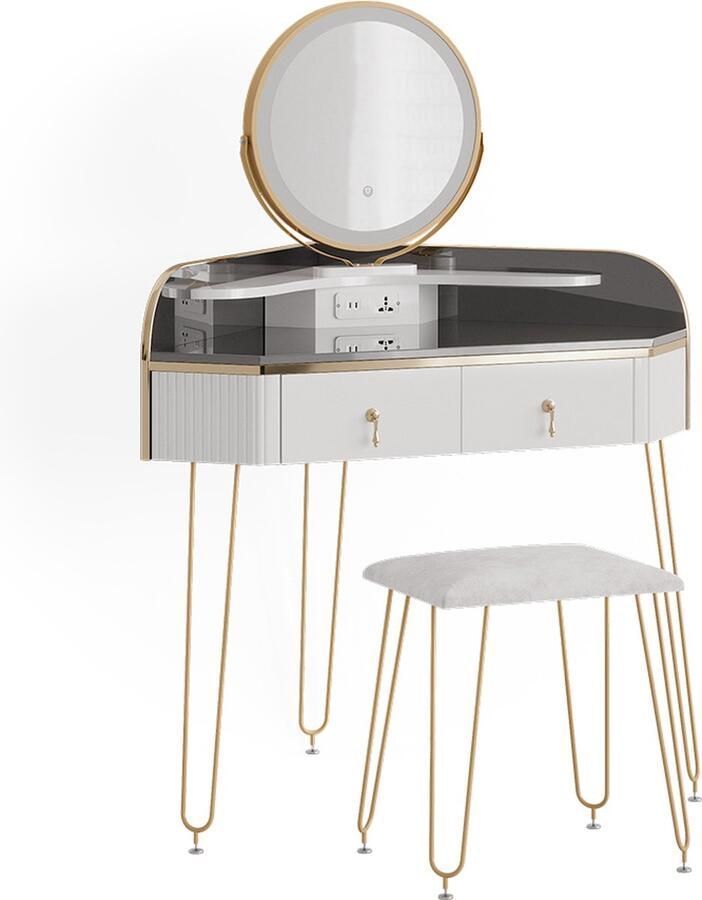 Vicco Amira Hoek kaptafel – 99 cm met LED-spiegel kruk en USB Wit Hoogglans met LED-spiegel kruk en USB