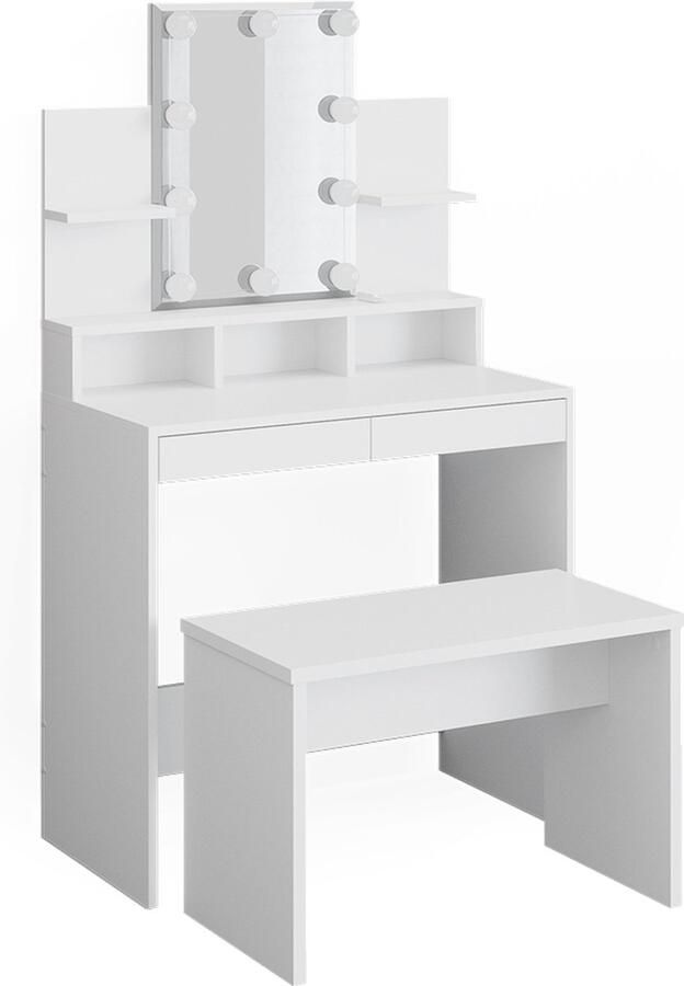 Vicco Ania Make-uptafel set met kruk – 80 cm met LED-verlichting en bankje Wit met LED-verlichting en bankje