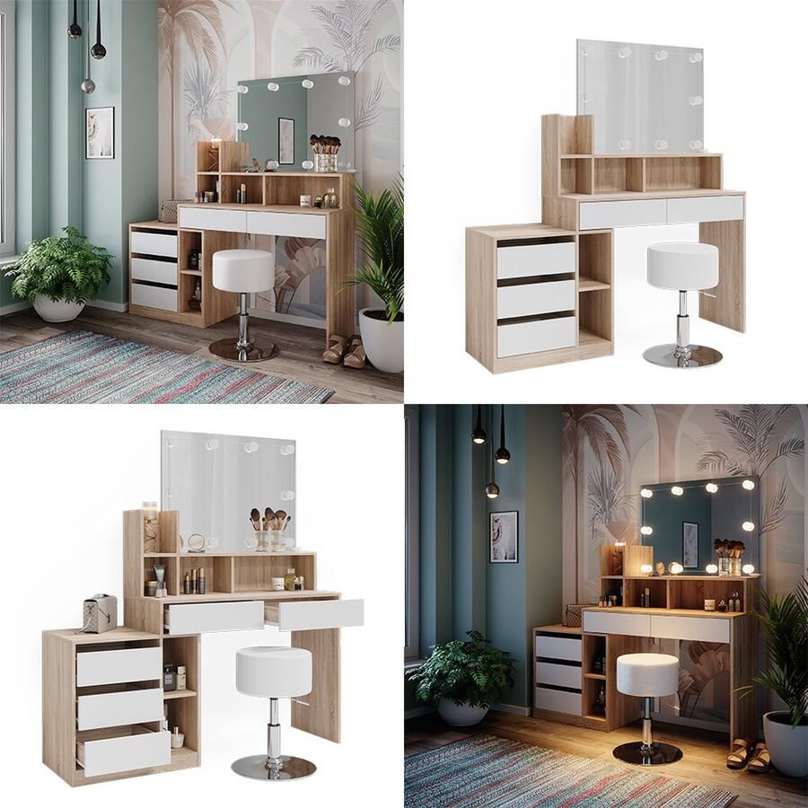 Vicco Anja Kaptafel – 139.8 cm met LED-verlichting en kruk Wit Sonoma met LED-verlichting en kruk