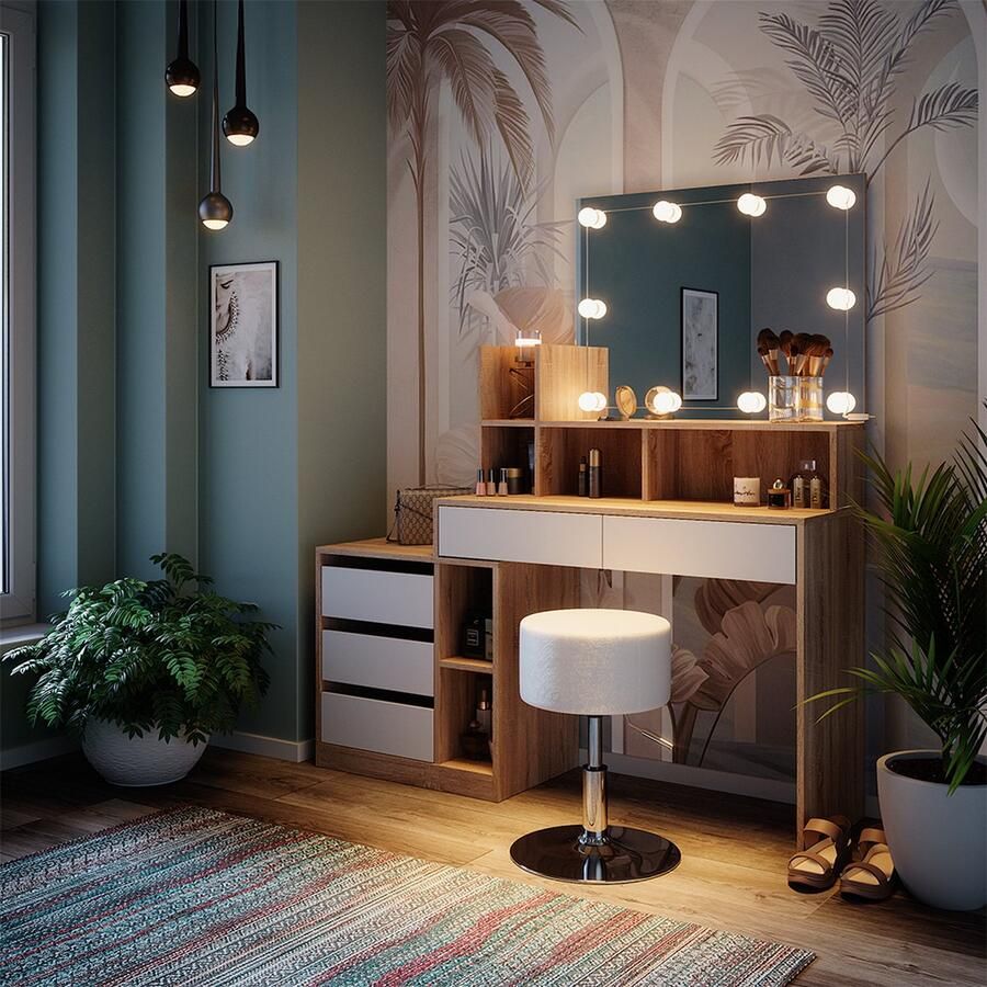 Vicco Anja Kaptafel – 139.8 cm met LED-verlichting en kruk Wit Sonoma met LED-verlichting en kruk - Foto 2