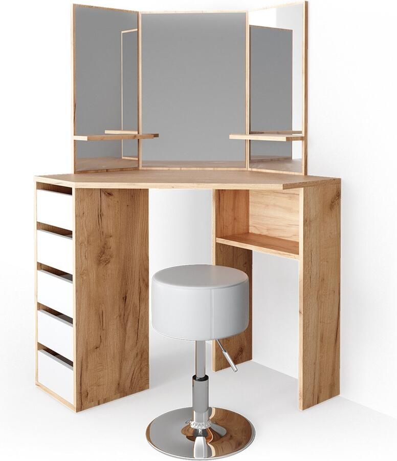 Vicco Arielle Hoek kaptafel – 110 cm met krukje Krachtige eik goud met krukje