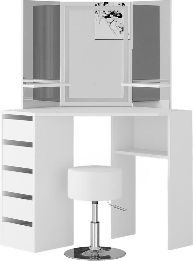 Vicco Arielle Hoek kaptafel – 110 cm met LED-spiegel en krukje Wit met LED-spiegel en krukje